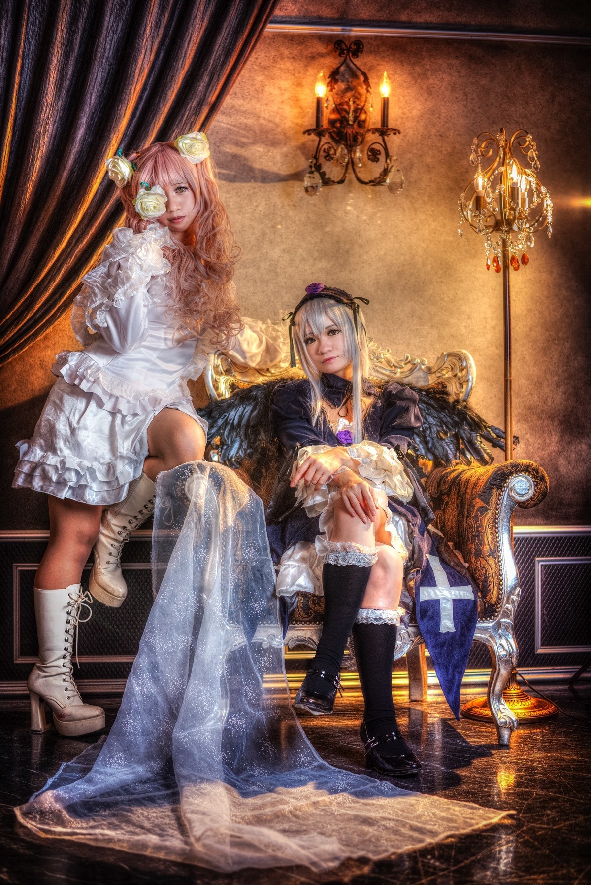 2girls boots dress flower frills hair_flower hair_ornament high_heels long_hair megurine_luka multiple_cosplay multiple_girls pink_hair rose sitting tagme white_dress