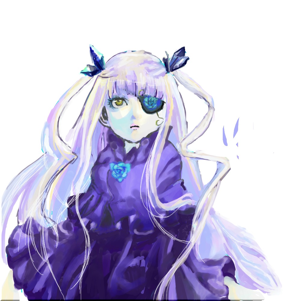 1girl bangs barasuishou blue_dress blue_flower blue_rose bow butterfly dress flower image long_hair long_sleeves looking_at_viewer purple_dress rose simple_background solo striped very_long_hair white_background