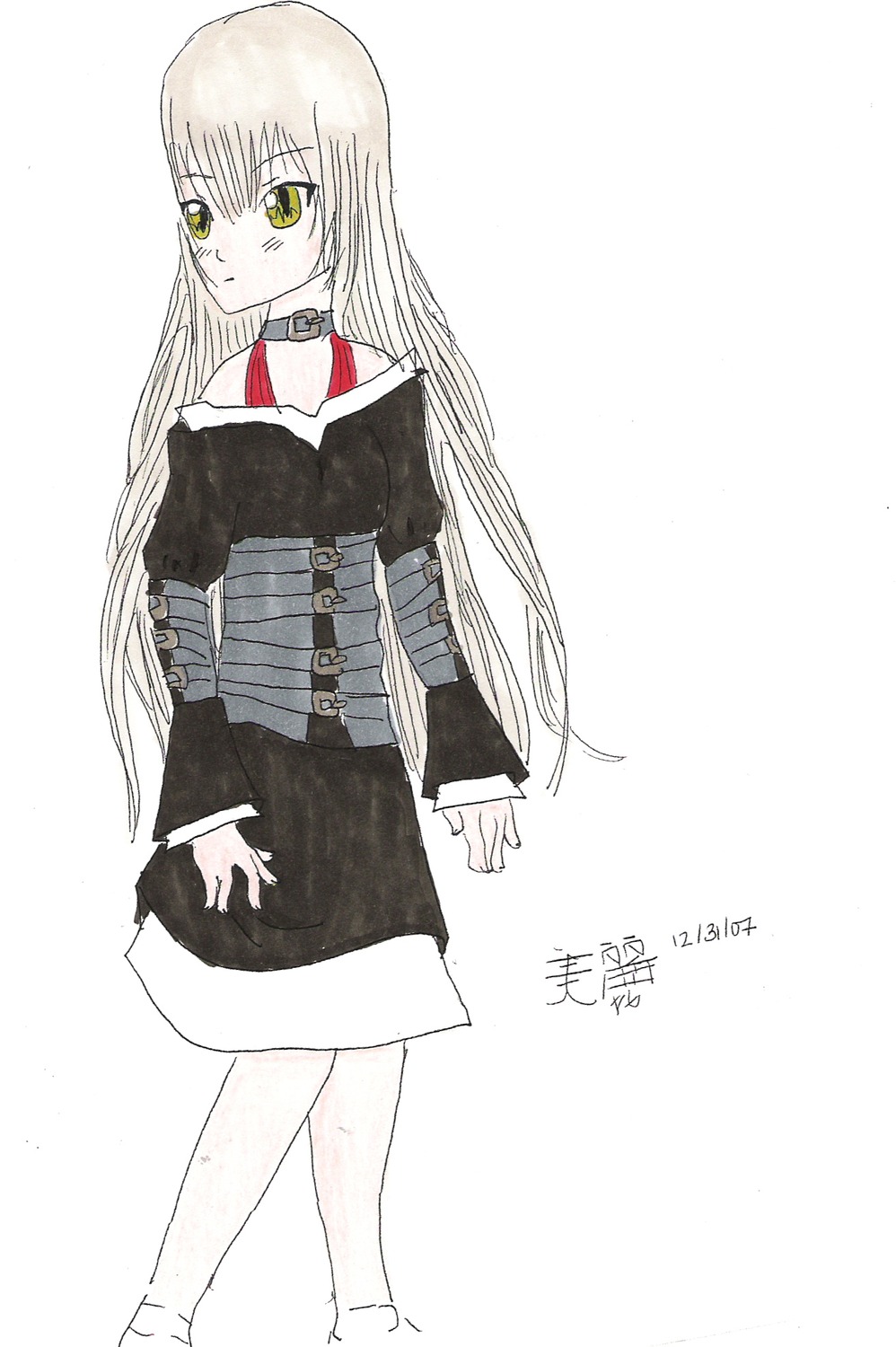 1girl bare_shoulders choker collar full_body green_eyes image long_hair long_sleeves looking_at_viewer off_shoulder simple_background solo souseiseki standing traditional_media white_background