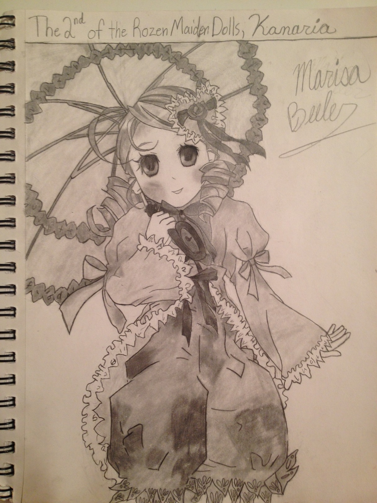 1girl blush dress drill_hair frills holding_umbrella image kanaria long_sleeves looking_at_viewer monochrome parasol smile solo traditional_media twin_drills umbrella