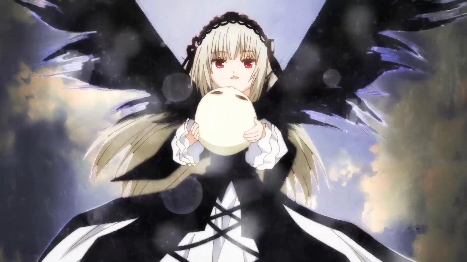 1girl bangs black_dress black_ribbon black_wings cloud dress flower frills hairband image lolita_hairband long_hair long_sleeves looking_at_viewer red_eyes ribbon rose silver_hair sky solo suigintou very_long_hair wings