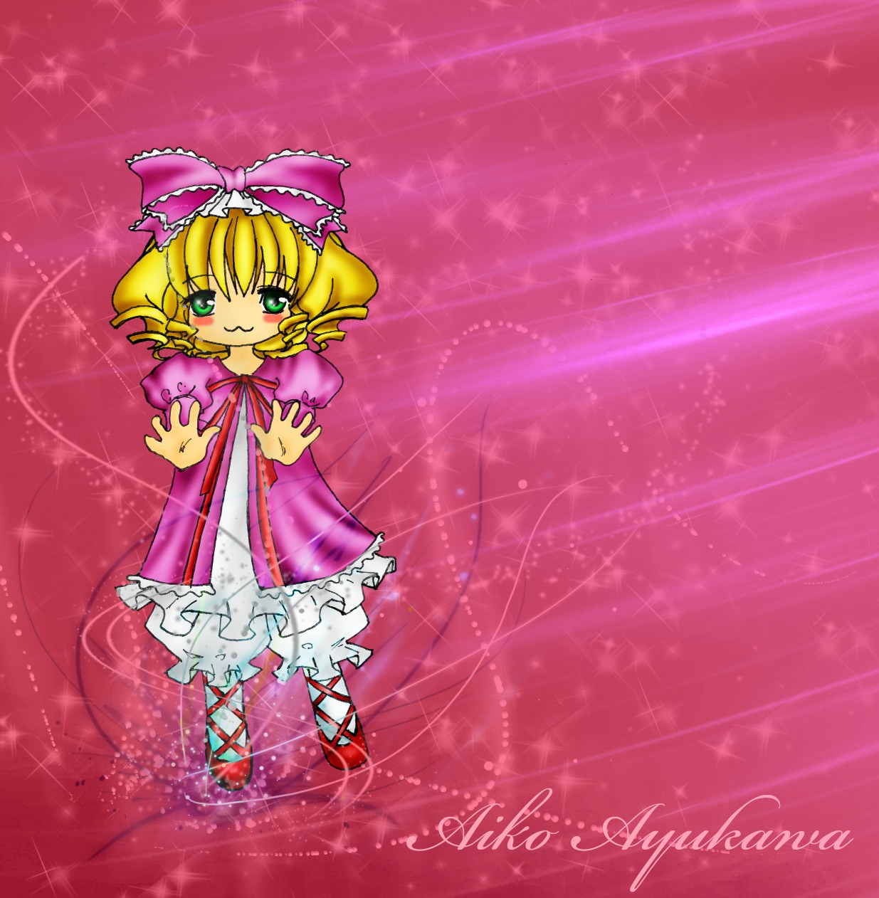 1girl blonde_hair bloomers blush bow character_name dress frills green_eyes hair_bow hina_ichigo hinaichigo image long_sleeves pink_background pink_bow rain red_footwear ribbon shoes short_hair smile solo sparkle sparkle_background standing
