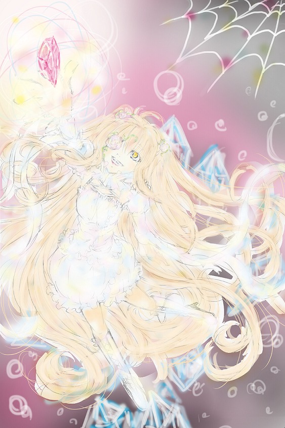 1girl air_bubble blonde_hair bubble dress flower hair_flower image kirakishou long_hair smile solo underwater very_long_hair white_dress yellow_eyes
