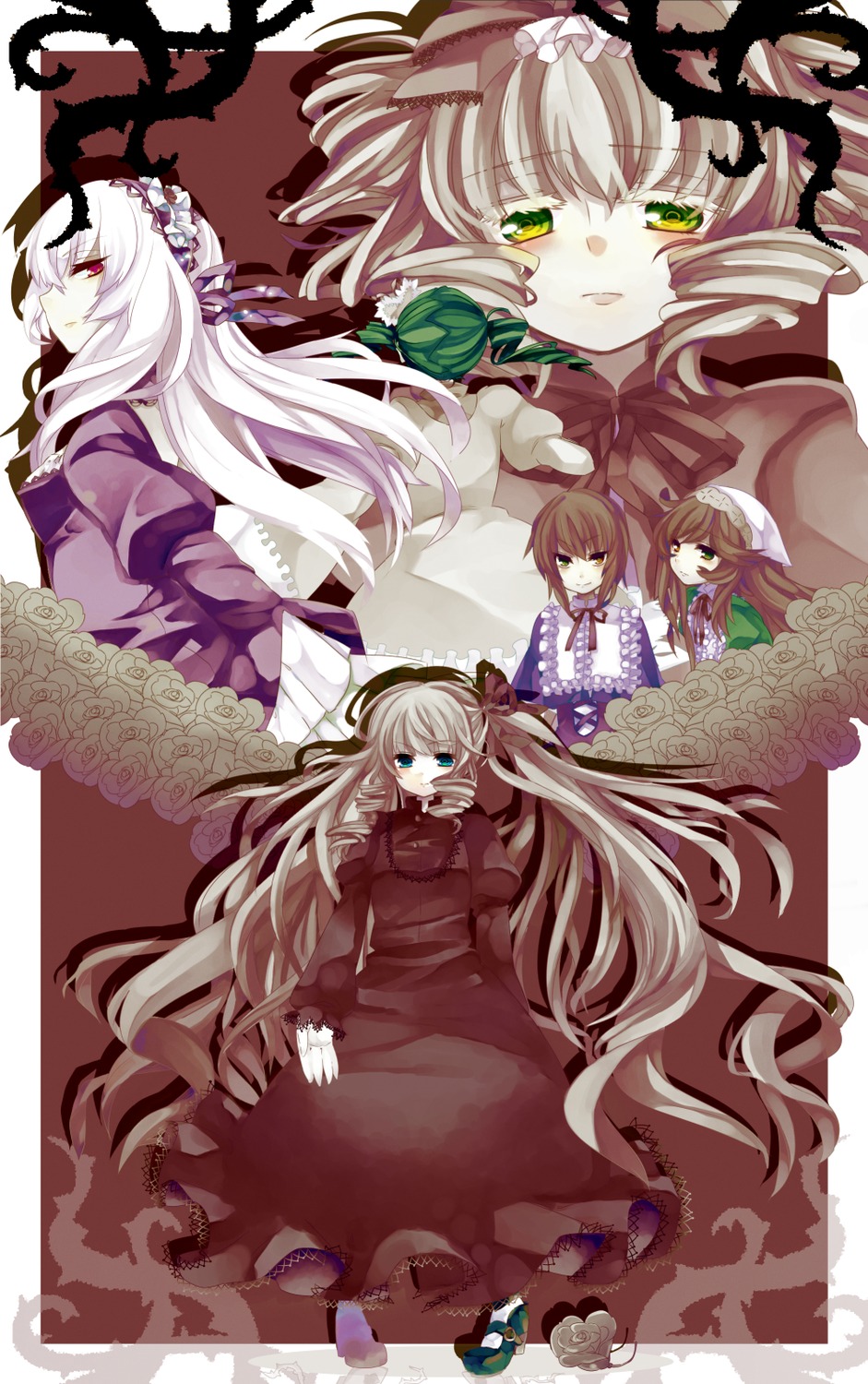 4girls blonde_hair blue_eyes bow dress flower frills green_eyes hairband hina_ichigo image long_hair multiple multiple_girls red_dress red_eyes ribbon shinku short_hair silver_hair suigintou suiseiseki tagme very_long_hair wings