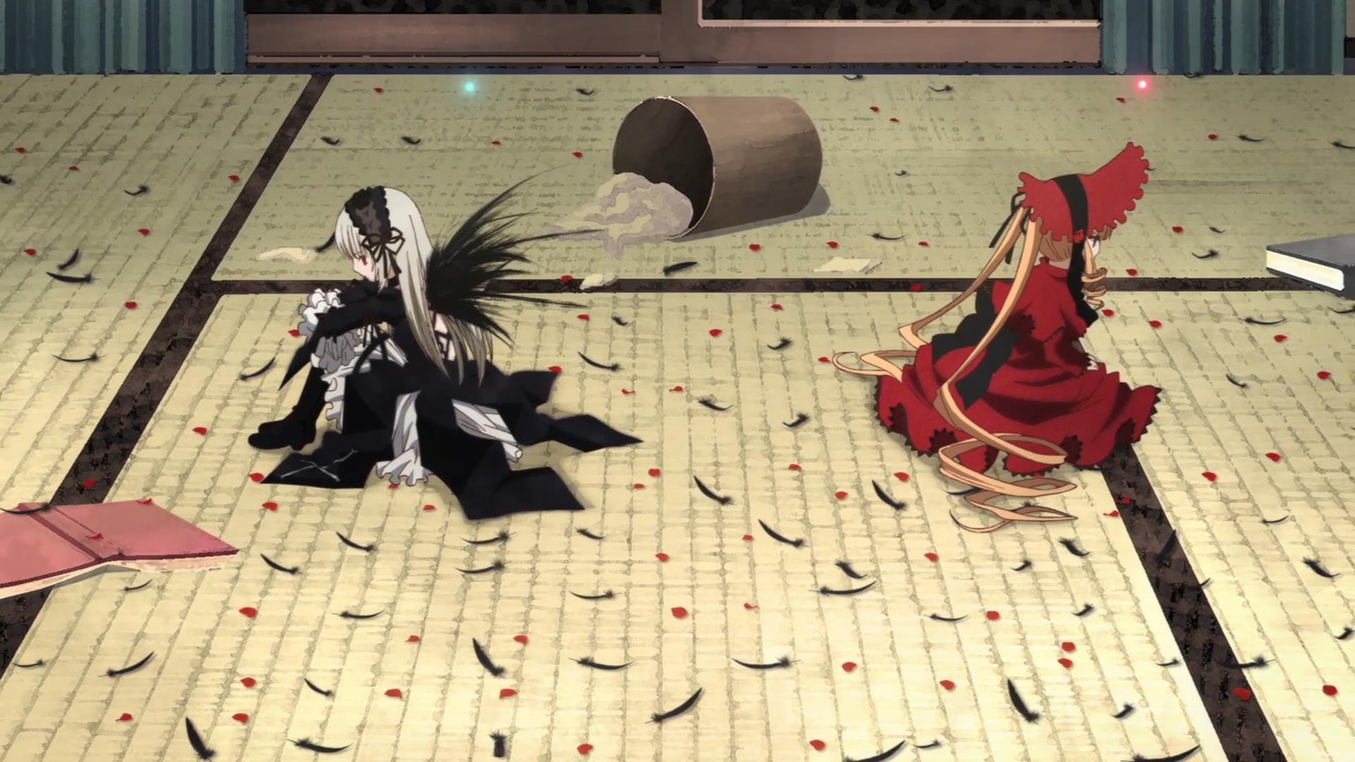 2boys battle bird black_hair crow feathers hat image katana long_hair multiple_boys pair petals shinku suigintou sword weapon