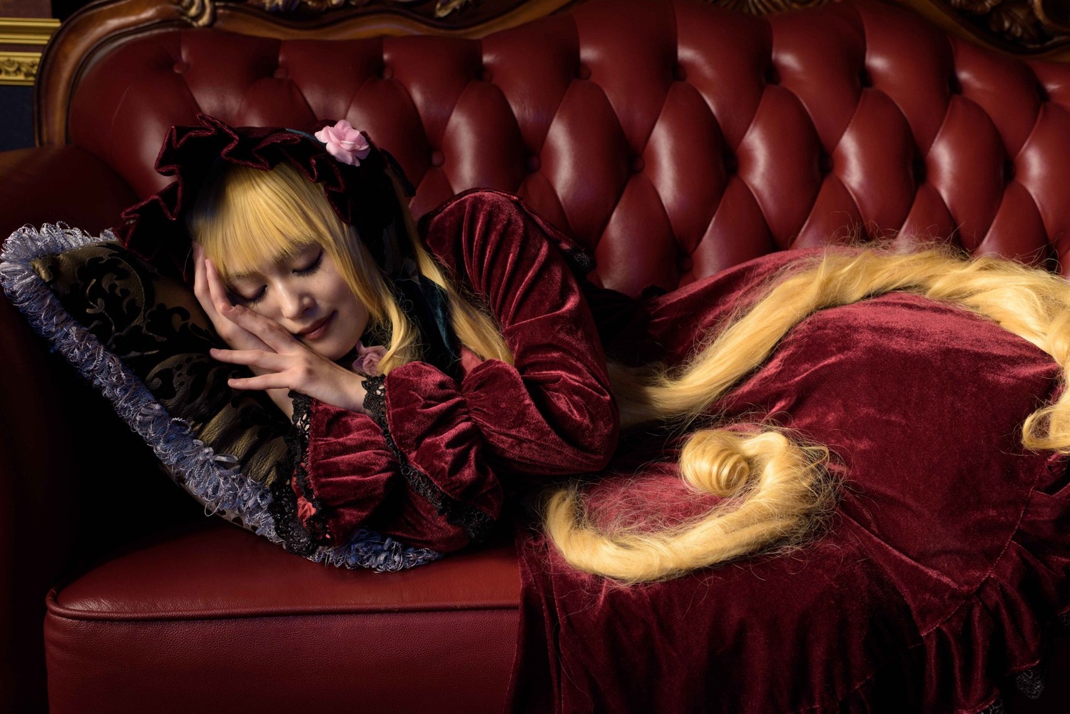 1girl blonde_hair closed_eyes couch dress flower red_dress shinku solo