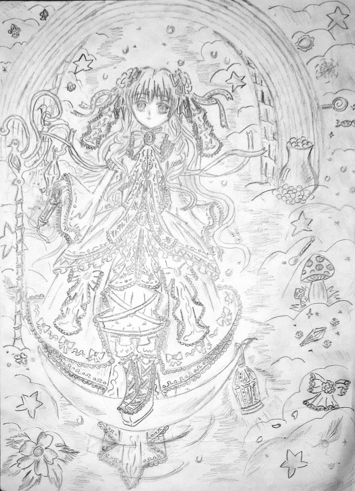 1girl auto_tagged bug butterfly cross dress fish flower greyscale hair_ornament image insect kirakishou long_hair monochrome solo star_(symbol) star_hair_ornament starfish traditional_media