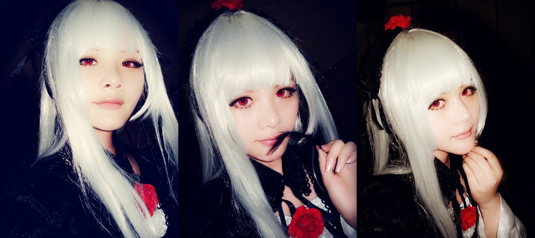 3girls bangs closed_mouth flower lips long_hair looking_at_viewer multiple_girls nail_polish red_eyes red_lips red_nails simple_background smile solo suigintou upper_body white_hair