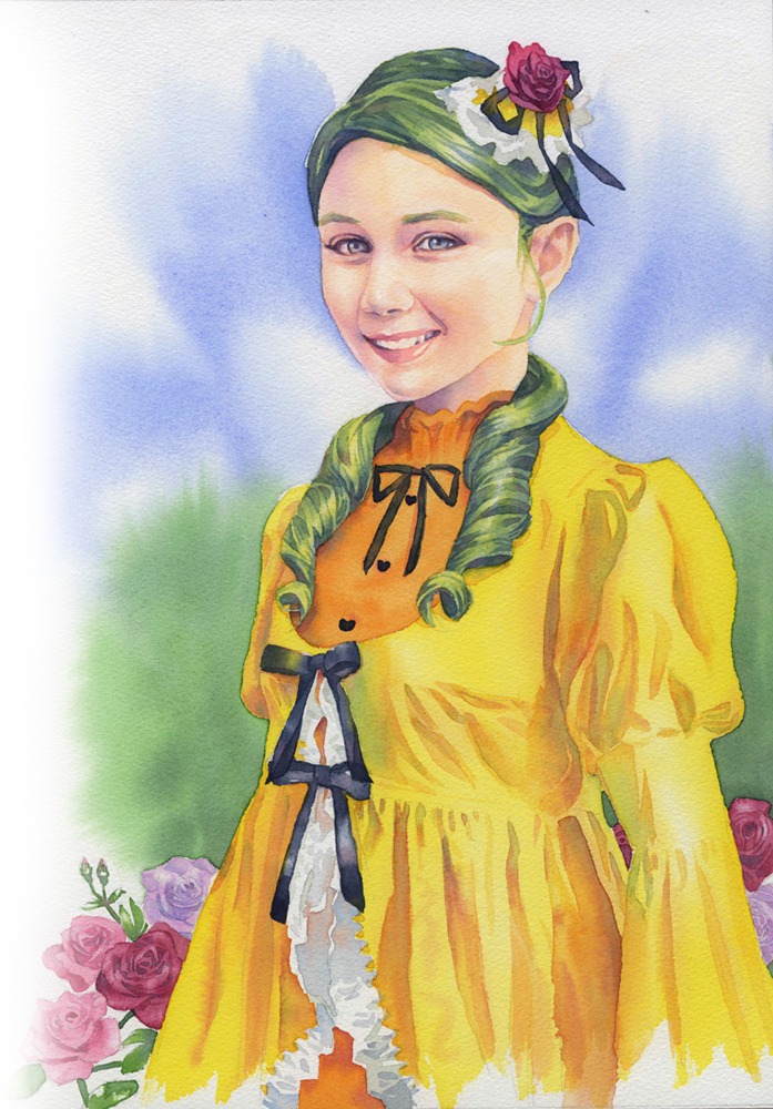 1girl auto_tagged black_rose blue_eyes dress drill_hair flower green_hair hair_flower hair_ornament image kanaria pink_flower pink_rose purple_flower purple_rose red_flower red_rose ribbon rose smile solo white_rose yellow_dress yellow_flower yellow_rose
