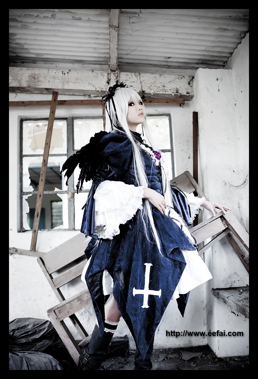 1girl black_border black_footwear boots dress letterboxed long_hair pillarboxed profile solo standing suigintou white_hair