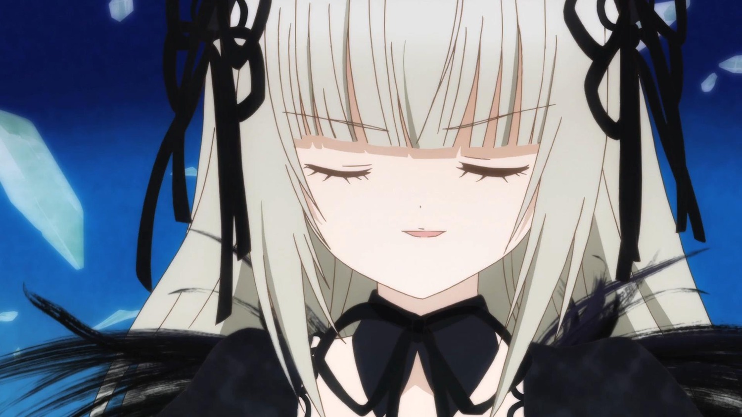1girl bangs black_dress black_ribbon closed_eyes dress eyebrows_visible_through_hair hair_ribbon image long_hair ribbon silver_hair solo suigintou