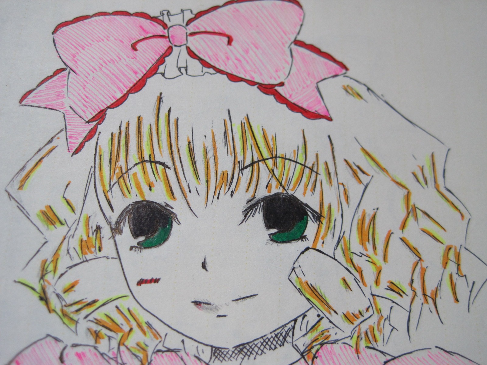 1girl bangs blonde_hair bow close-up eyebrows_visible_through_hair frills green_eyes hair_bow hina_ichigo hinaichigo image looking_at_viewer photo pink_bow portrait simple_background solo traditional_media