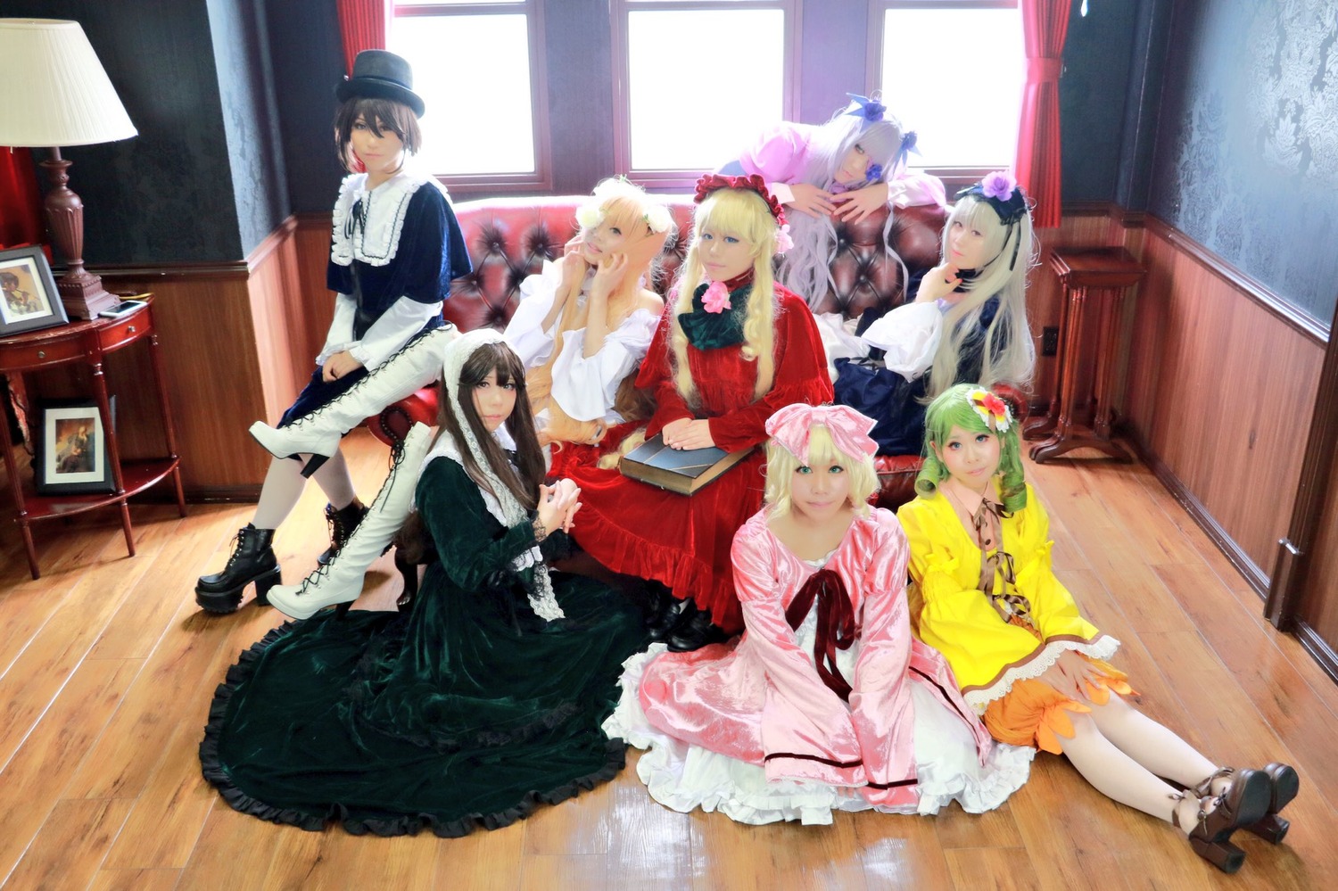 6+girls black_hair blonde_hair couch dress green_hair hair_ornament hat long_hair multiple_cosplay multiple_girls pantyhose sitting tagme window