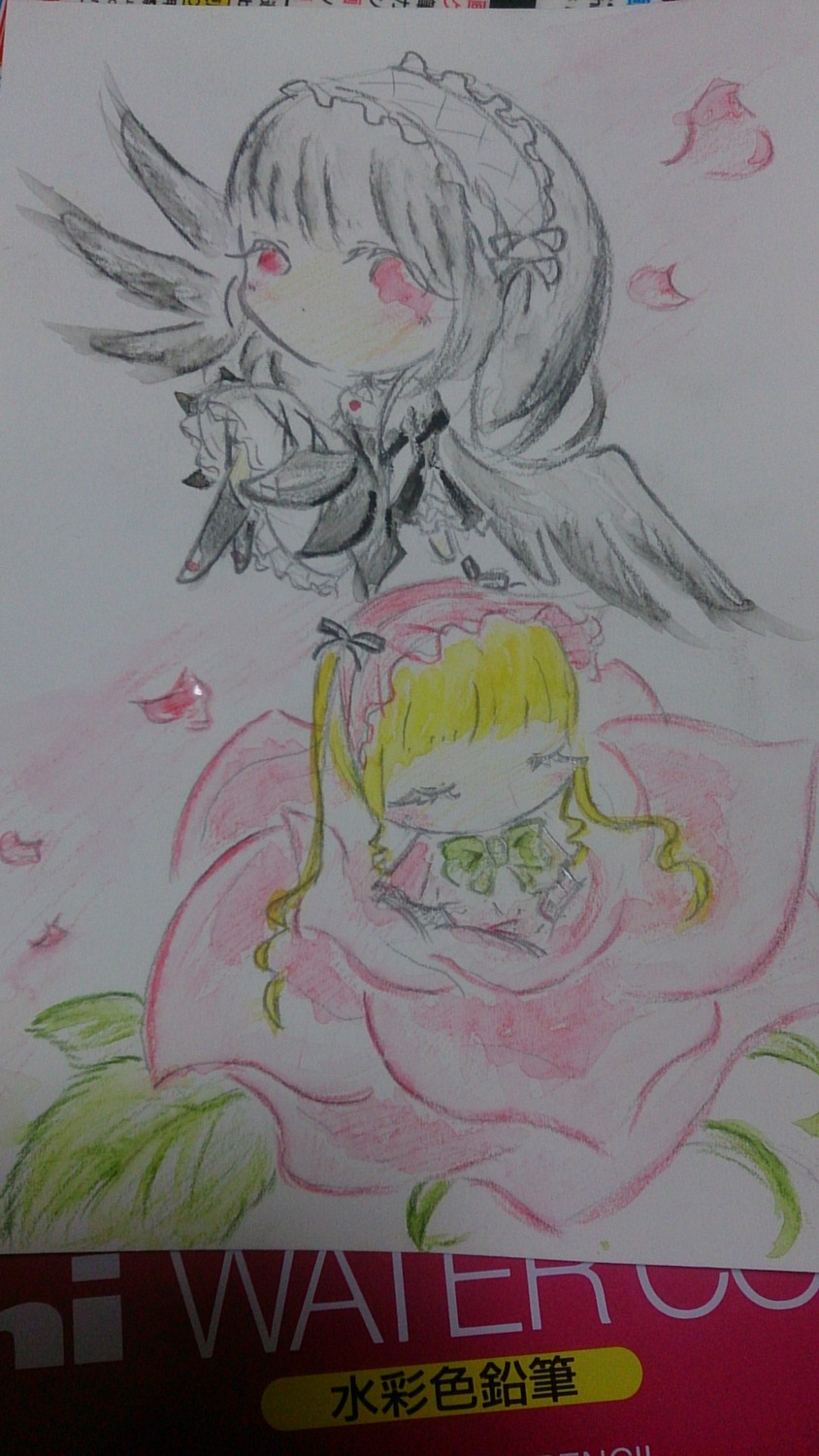 2girls blonde_hair dress image long_hair multiple_girls pair petals shinku short_hair suigintou traditional_media watercolor_(medium) wings