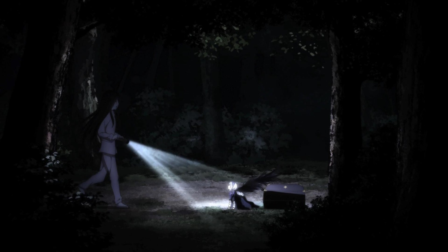 dark forest image kakizaki_megu long_hair multiple_girls nature scenery solo standing suigintou tree wings