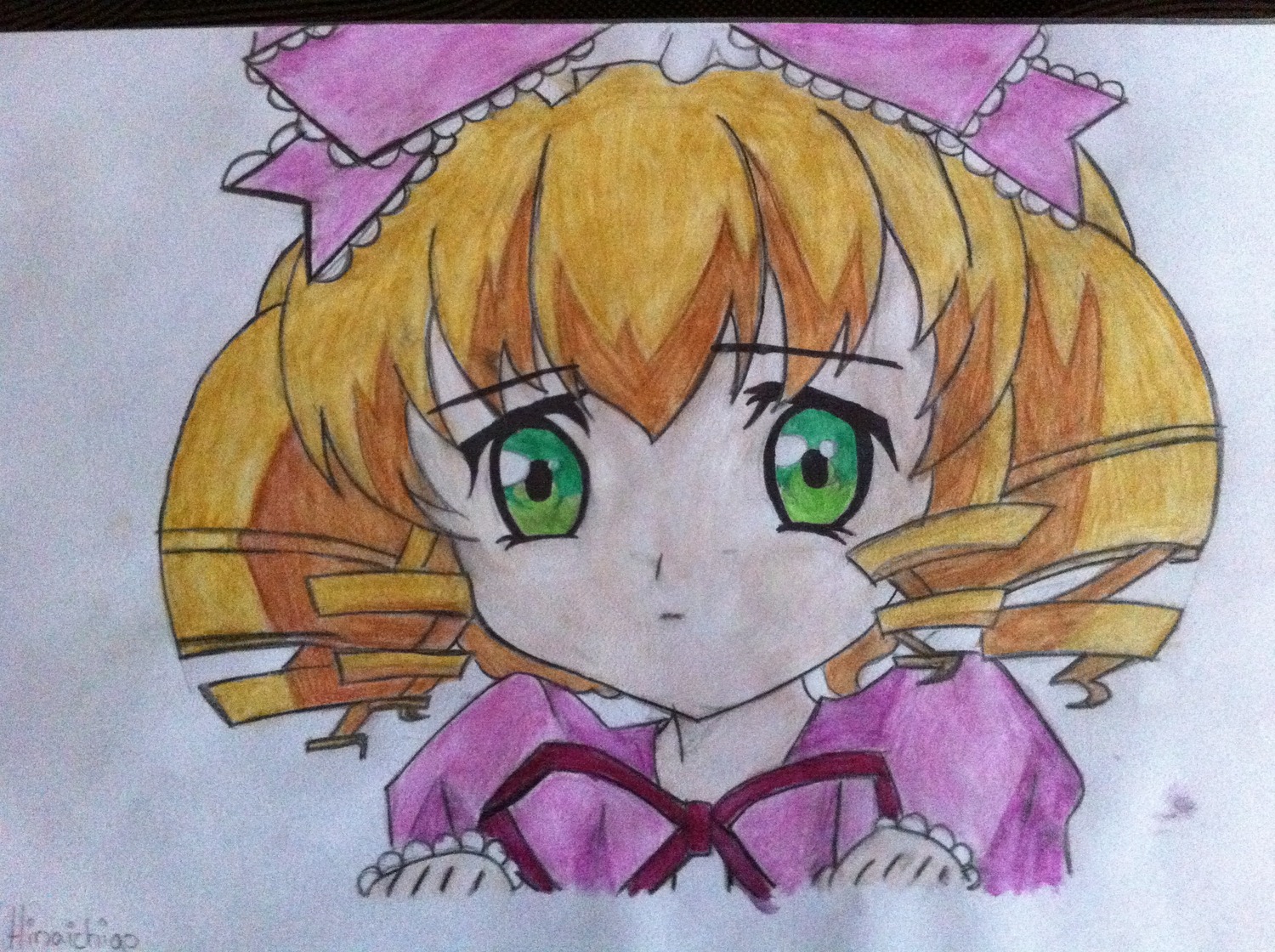 1girl bow drill_hair frills green_eyes hina_ichigo hinaichigo image looking_at_viewer pink_bow simple_background solo traditional_media twin_drills