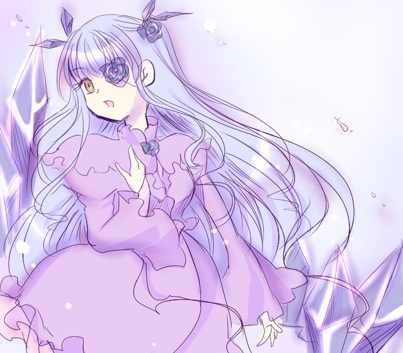 1girl bangs barasuishou dress eyepatch frills hair_ornament image long_hair long_sleeves open_mouth purple_dress ribbon solo striped two_side_up vertical_stripes very_long_hair yellow_eyes