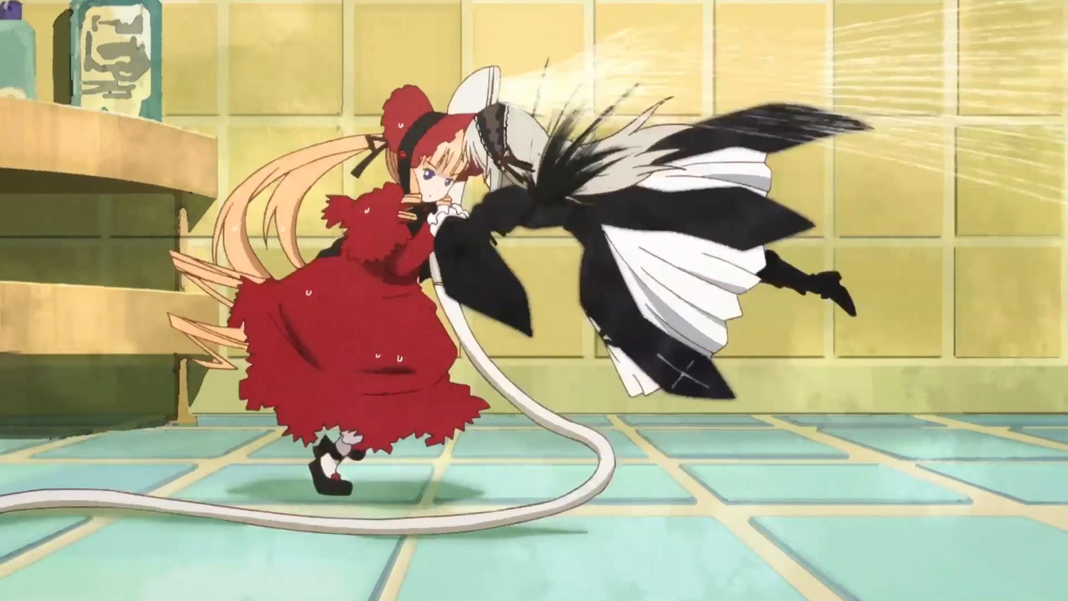 1girl blonde_hair dress frills hat image long_hair long_sleeves pair red_dress shinku suigintou twintails very_long_hair