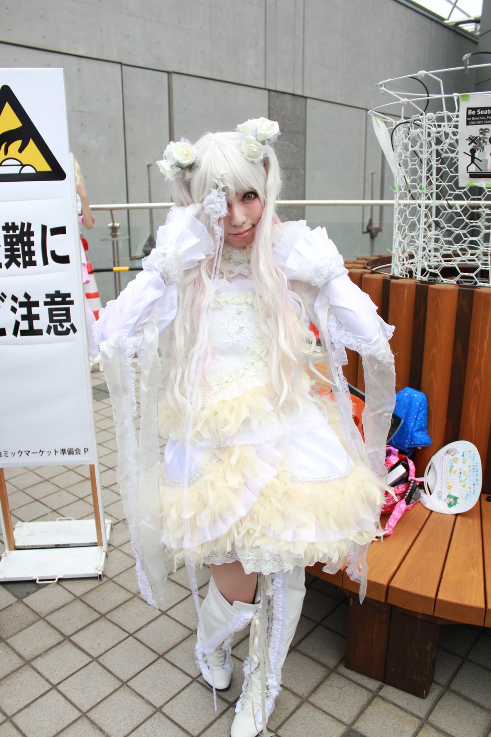 1girl boots dress flower gloves hair_ornament kirakishou long_hair solo tile_floor tiles white_dress white_footwear white_hair