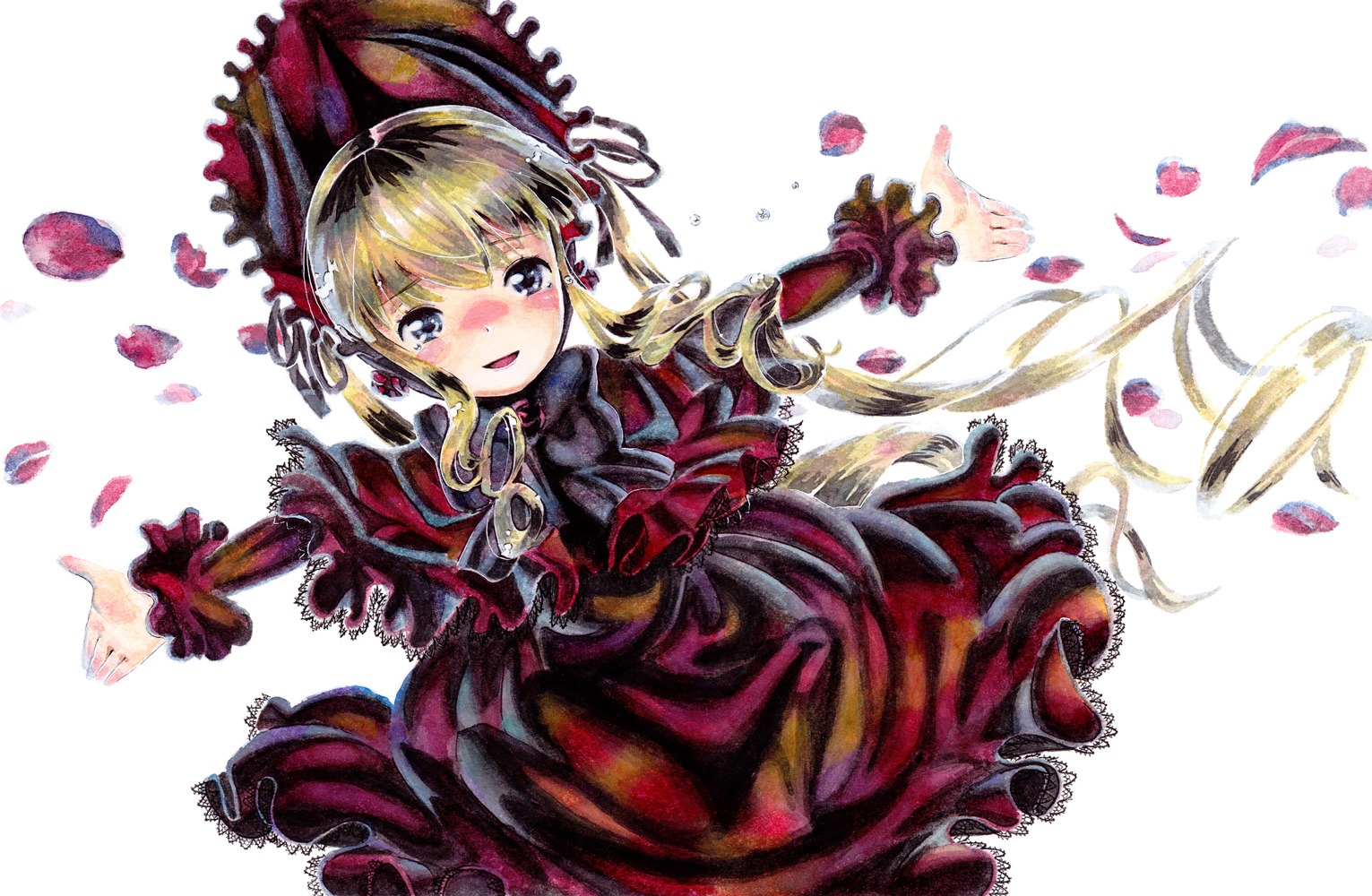 1girl blonde_hair blue_eyes blush bow dress drill_hair flower image long_hair long_sleeves looking_at_viewer open_mouth outstretched_arms petals red_dress rose shinku smile solo striped twintails umbrella white_background
