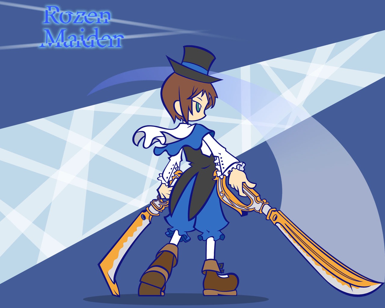 1girl blue_background blue_eyes blue_headwear boots brown_hair frills full_body hat heterochromia image long_sleeves looking_back solo souseiseki standing tate_eboshi top_hat weapon