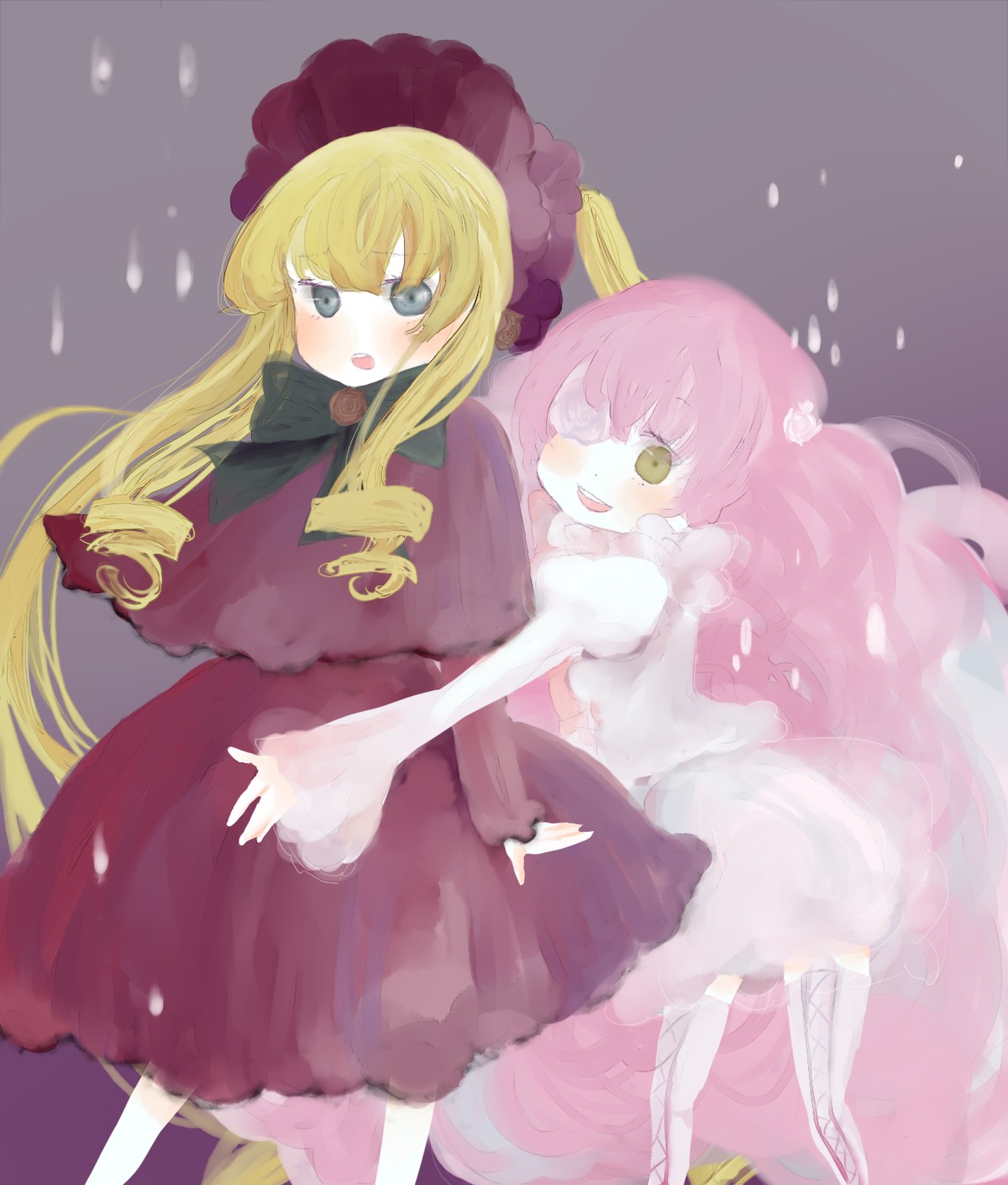 2girls bad_id bad_pixiv_id black_dress blonde_hair blue_eyes blush bonnet dress eyepatch green_eyes hat highres image kirakishou long_hair long_sleeves multiple_girls open_mouth pair petals pink_hair purple_hair rozen_maiden shinku very_long_hair yam_(htt)
