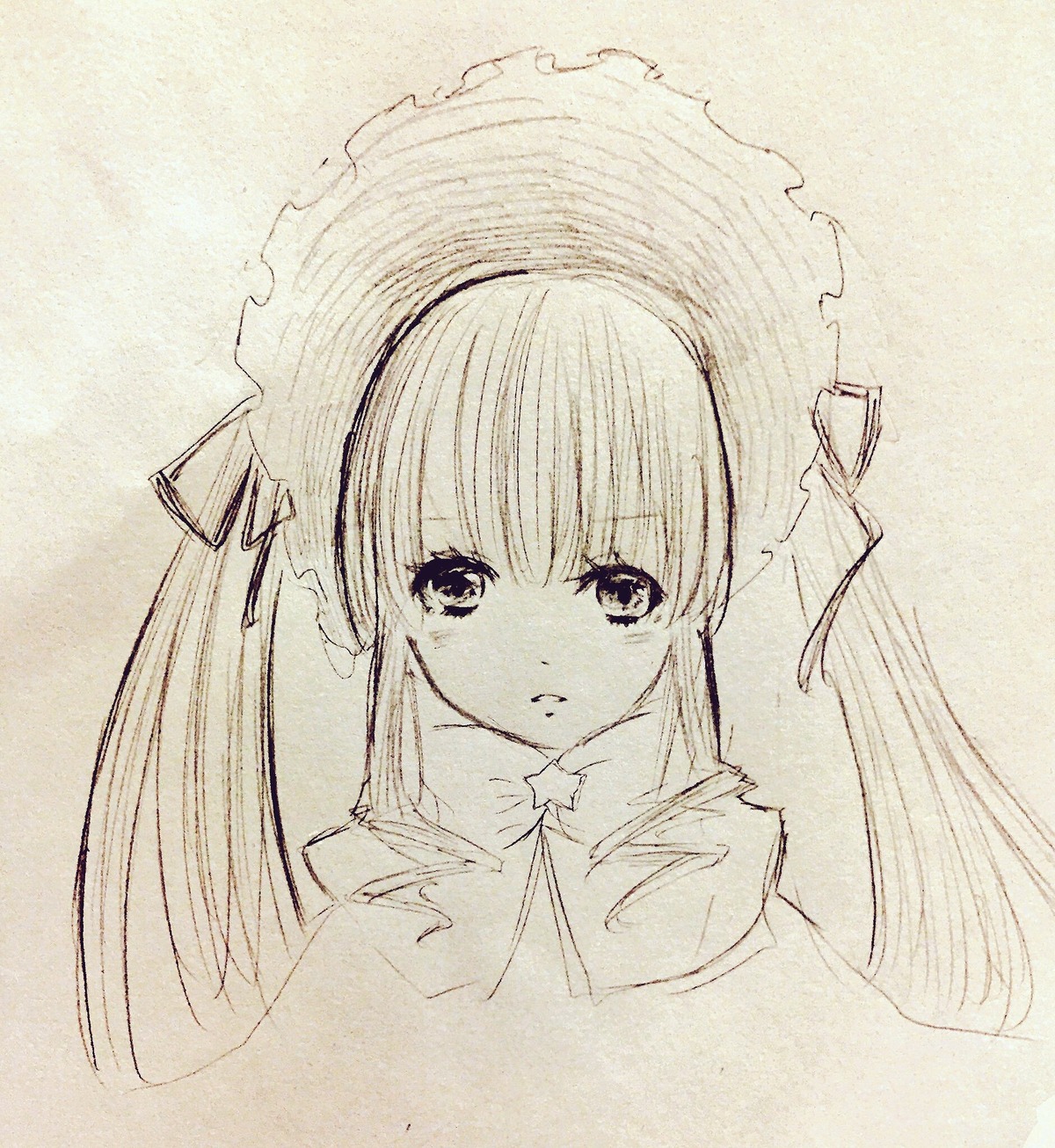 1girl bangs blush closed_mouth eyebrows_visible_through_hair hair_ribbon image long_hair looking_at_viewer monochrome ribbon shinku simple_background solo traditional_media twintails upper_body