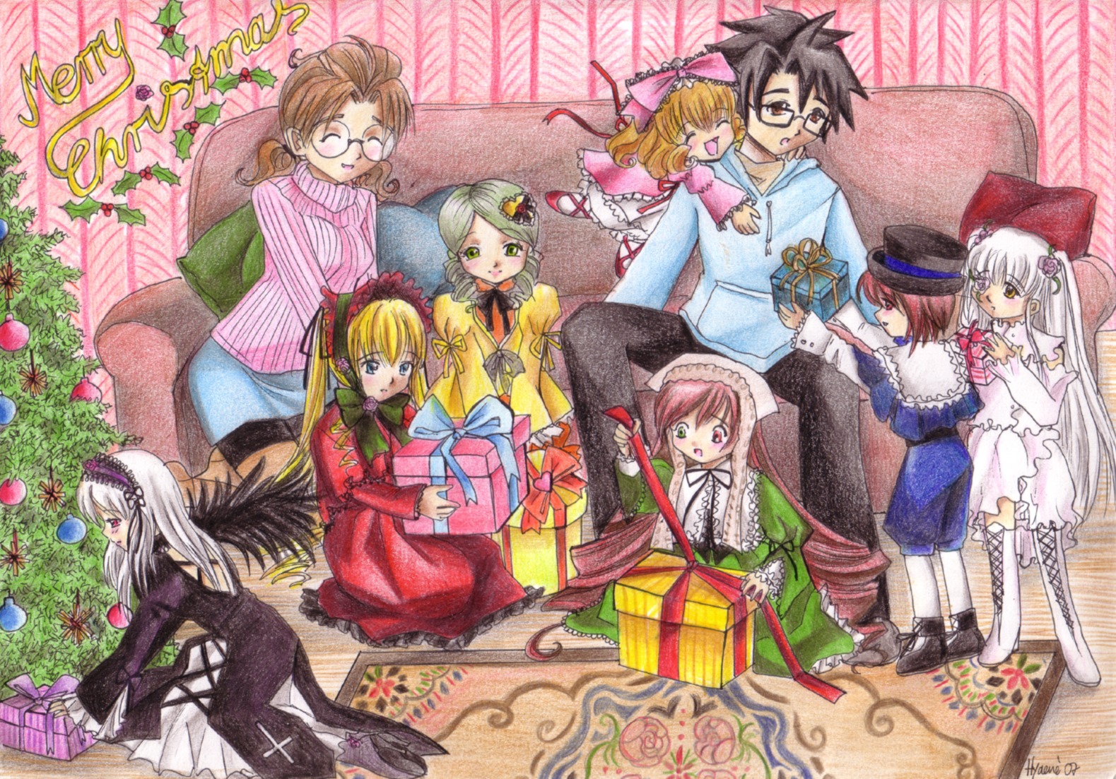6+girls blonde_hair bow box brown_hair christmas closed_eyes dress everyone gift gift_box glasses hair_ornament hairband hat heterochromia hina_ichigo image kanaria long_hair long_sleeves multiple multiple_girls pink_bow red_eyes ribbon shinku silver_hair smile souseiseki suigintou suiseiseki tagme valentine very_long_hair wings