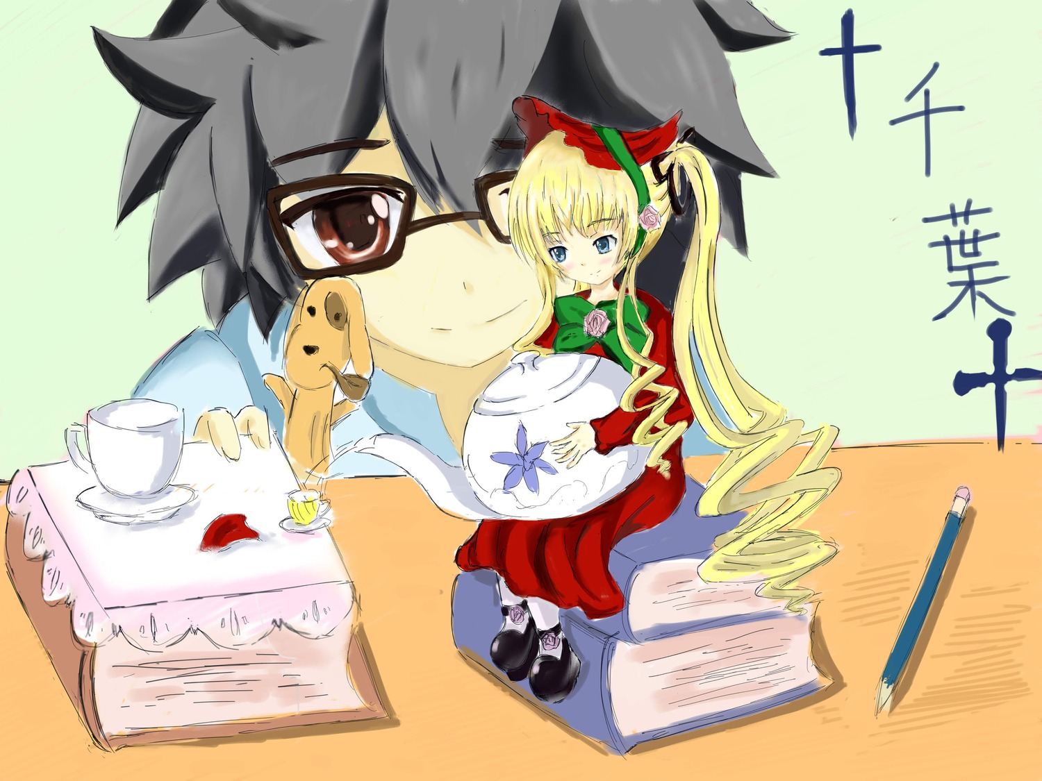 1boy 1girl blonde_hair blue_eyes bonnet bow cup dress drill_hair image long_hair saucer shinku solo tea teacup twintails yellow_background