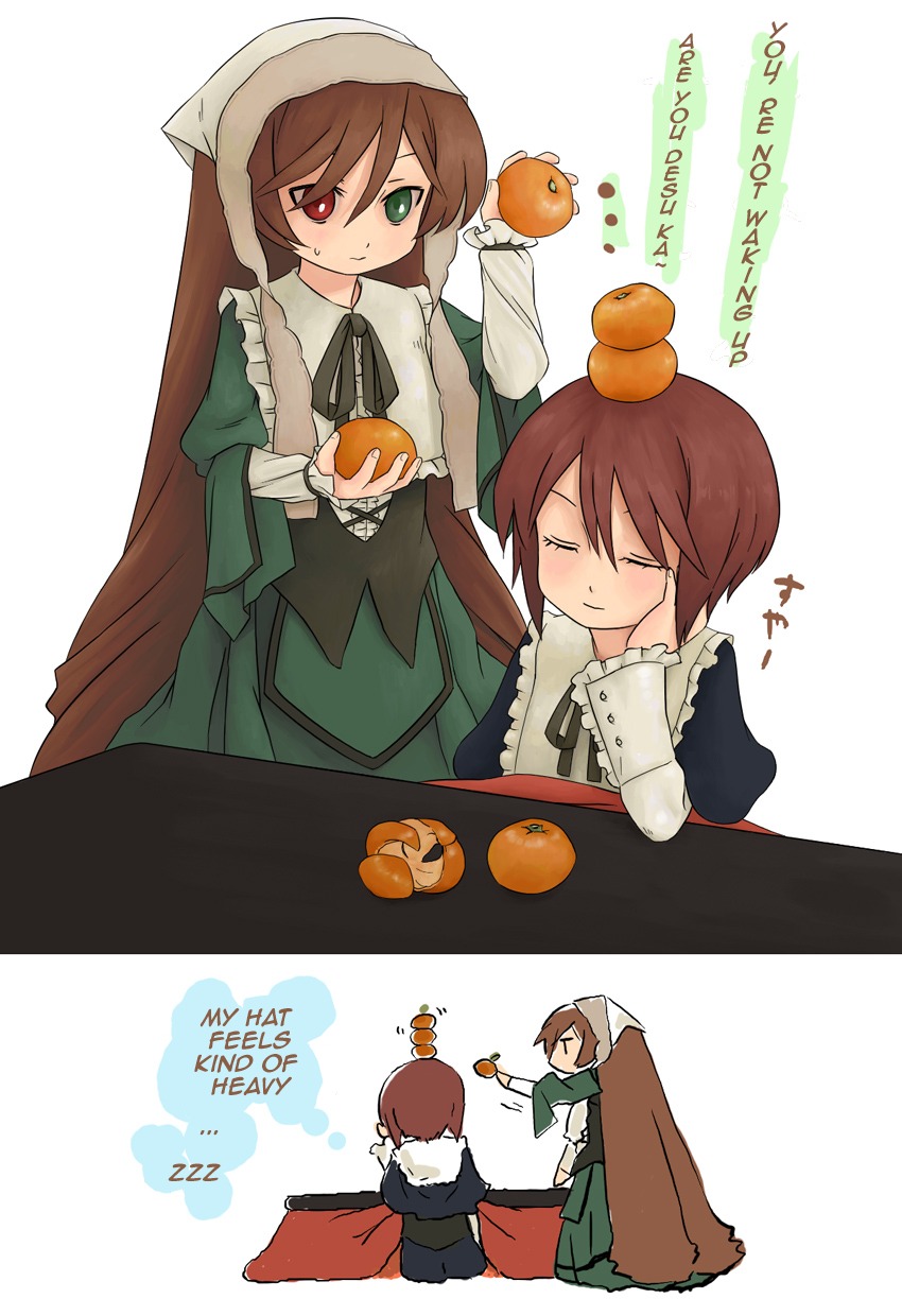 1girl 2girls brown_hair closed_eyes commentary_request dress food food_on_head frills fruit fruit_on_head hairband heterochromia highres holding holding_food holding_fruit image kotatsu kumashiro long_hair mandarin_orange multiple_girls object_on_head orange pair pumpkin red_eyes rozen_maiden short_hair siblings sisters sleeping souseiseki suiseiseki table translated twins very_long_hair
