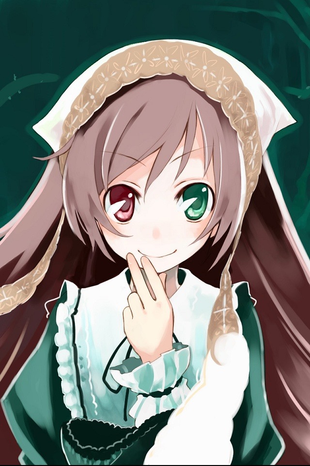1girl brown_hair dress frills green_dress green_eyes head_scarf heterochromia image long_hair long_sleeves looking_at_viewer red_eyes smile solo suiseiseki twintails upper_body very_long_hair