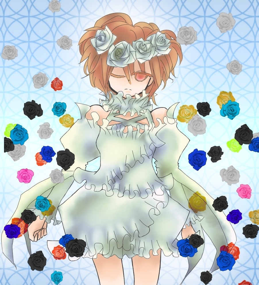 black_flower black_rose blonde_hair blue_flower blue_rose costume_switch dress flower green_flower ib_(ib) image one_eye_closed orange_flower pink_rose purple_flower purple_rose red_eyes red_flower red_rose rose rose_petals short_hair thorns vines white_rose yellow_flower yellow_rose