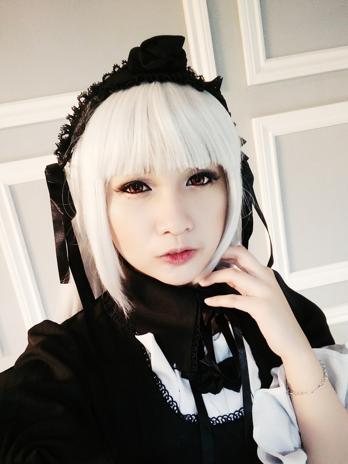 1girl bangs curtains gothic_lolita lace lips lolita_fashion looking_at_viewer red_eyes ribbon solo striped striped_background suigintou upper_body white_hair
