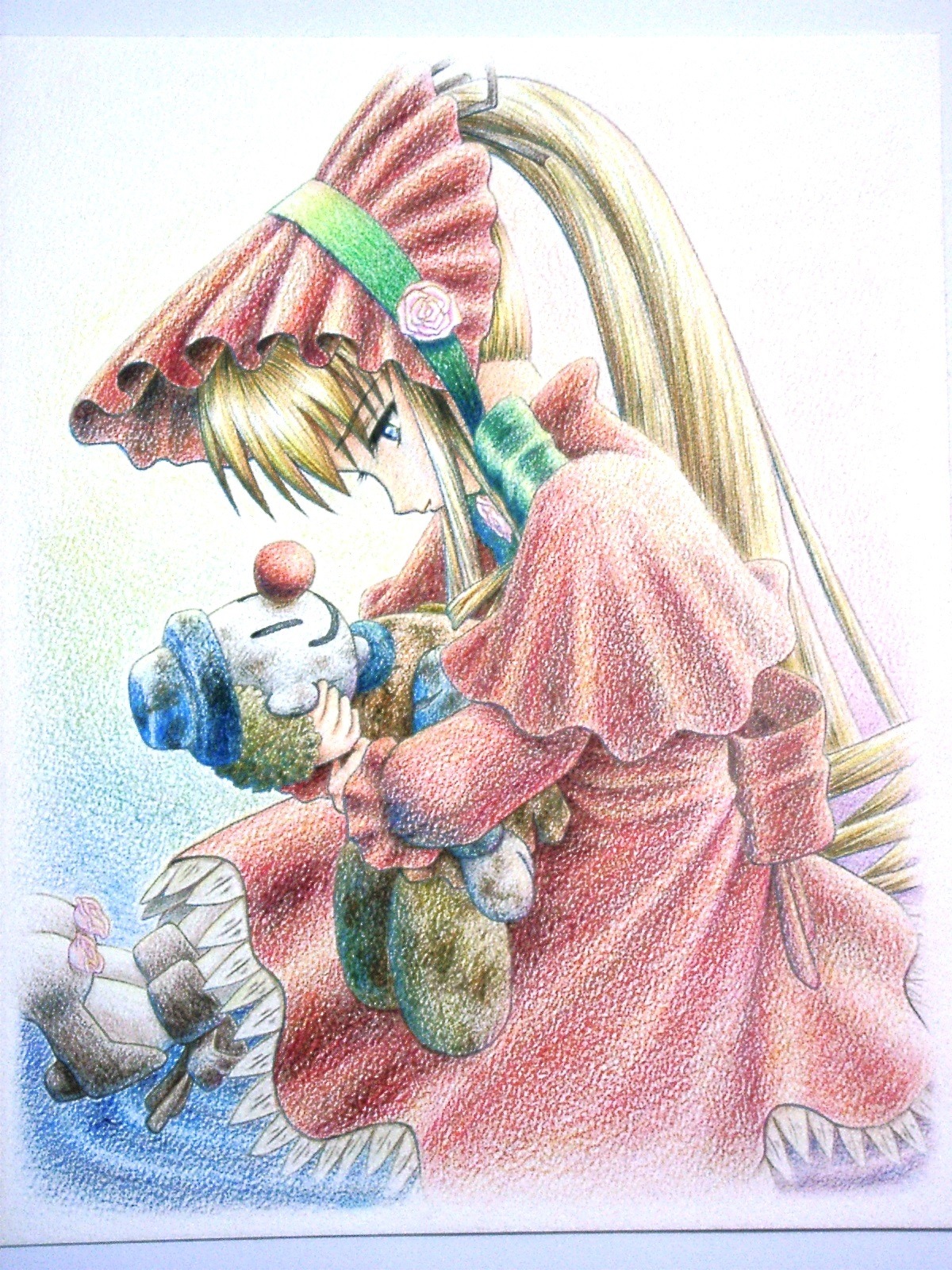1girl 86800 apple blonde_hair blue_eyes bonnet bow dress flower food frills fruit hat holding image long_hair long_sleeves rose shinku solo traditional_media very_long_hair