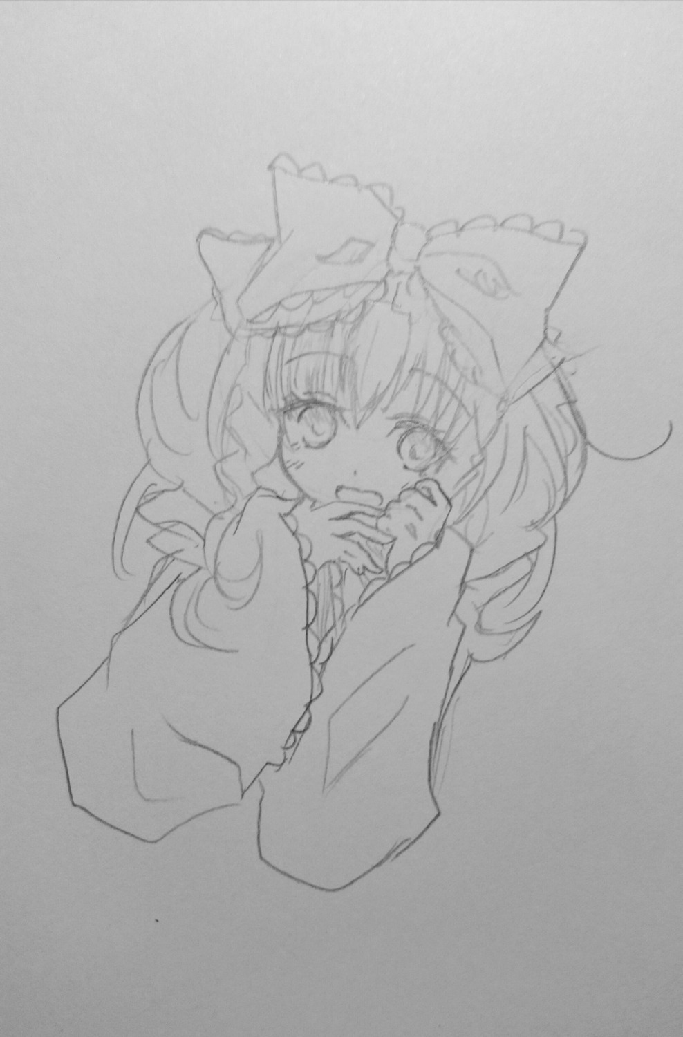 1girl bow detached_sleeves greyscale hair_bow hakurei_reimu hinaichigo image long_hair looking_at_viewer monochrome open_mouth solo tears traditional_media wide_sleeves