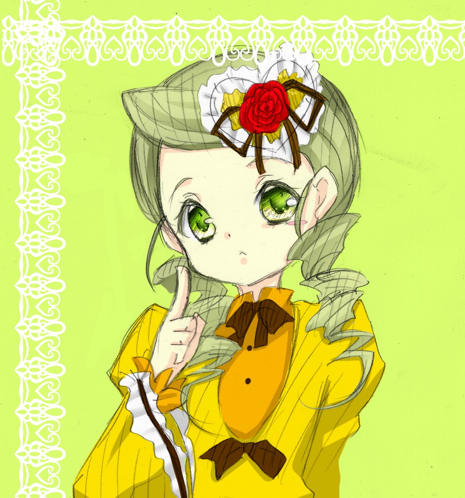 1girl :< bow dress drill_hair flower frills green_background green_eyes green_hair hair_ornament image index_finger_raised kanaria long_sleeves red_flower rose solo upper_body