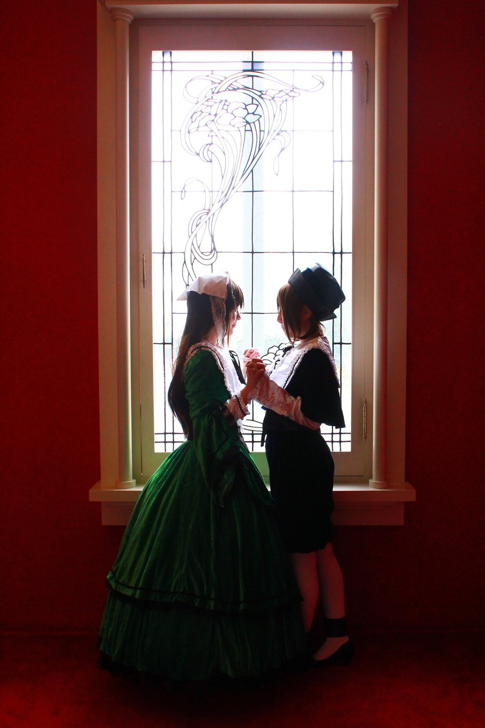 2boys black_hair curtains dress indoors multiple_boys multiple_cosplay standing tagme window
