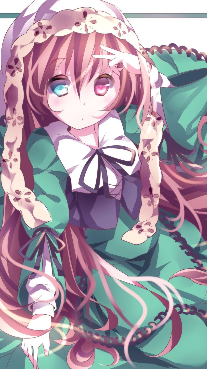 1girl black_ribbon blue_eyes dress green_dress heterochromia image long_hair long_sleeves looking_at_viewer pink_hair red_eyes ribbon solo suiseiseki tattoo very_long_hair