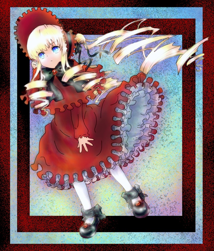 1girl blonde_hair blue_eyes bonnet bow dress drill_hair frills full_body image long_hair long_sleeves looking_at_viewer red_dress shinku shoes solo standing twin_drills twintails very_long_hair white_legwear