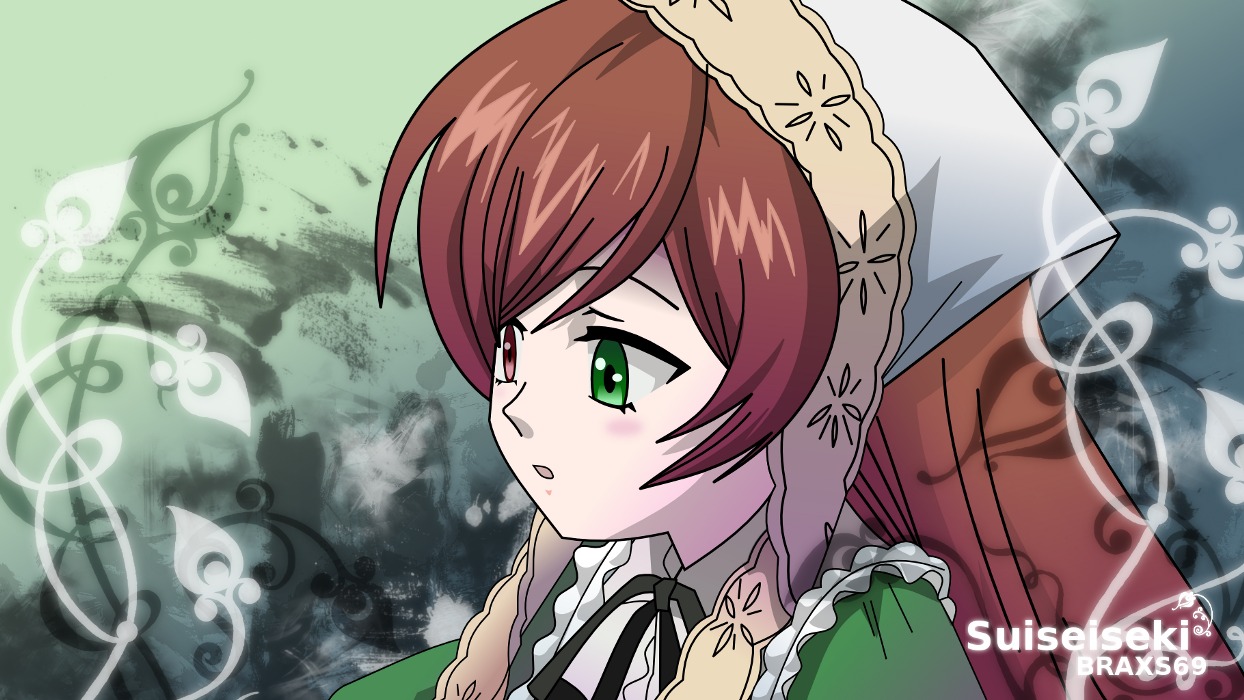 1girl brown_hair dress green_eyes head_scarf heterochromia image long_hair long_sleeves red_eyes ribbon solo suiseiseki upper_body