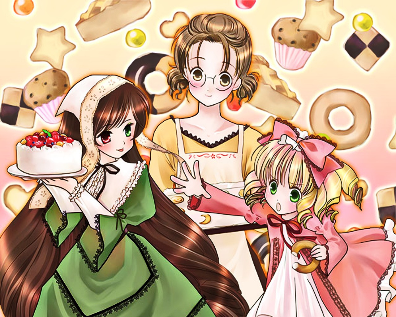 3girls blonde_hair bow brown_hair cake cake_slice cookie dress drill_hair food glasses green_eyes heterochromia hina_ichigo image long_hair long_sleeves multiple multiple_girls pastry pink_bow red_eyes short_hair strawberry suiseiseki tagme tongue tongue_out twin_drills very_long_hair