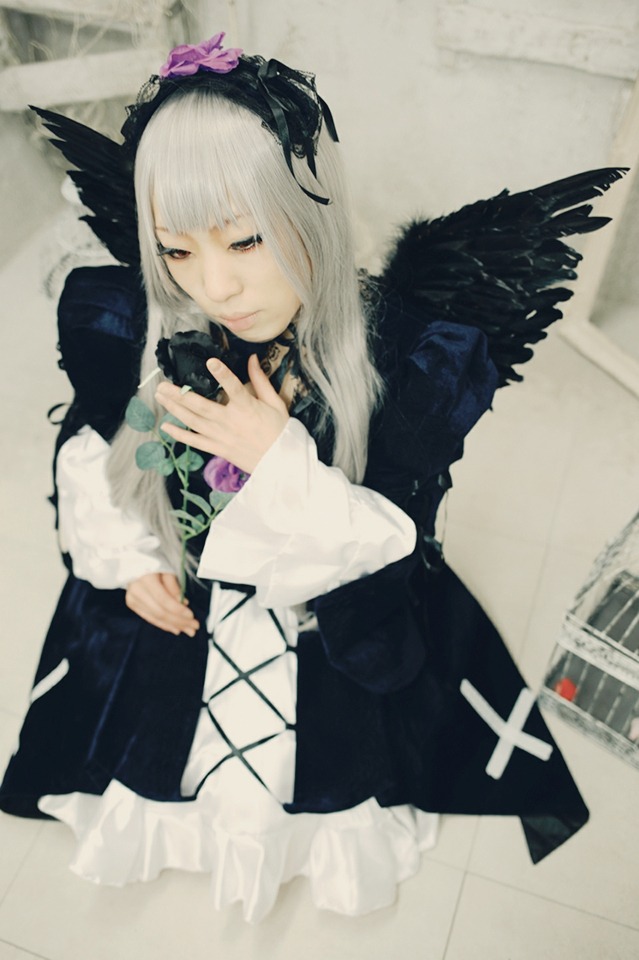 1girl blurry dress flower frills hair_ornament lips long_hair long_sleeves photo solo suigintou