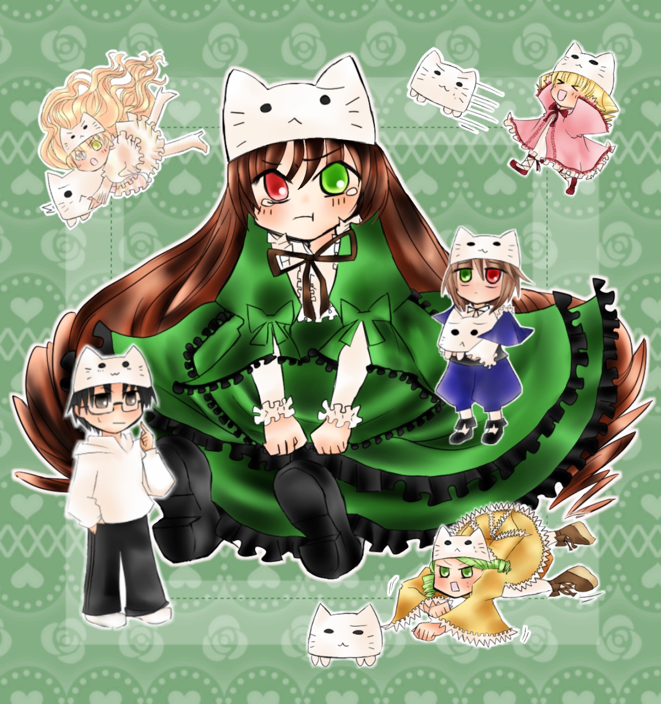 blonde_hair bonnet brown_hair dress green_eyes hat heterochromia hina_ichigo image long_hair long_sleeves multiple multiple_girls pout red_eyes siblings suiseiseki tagme tears