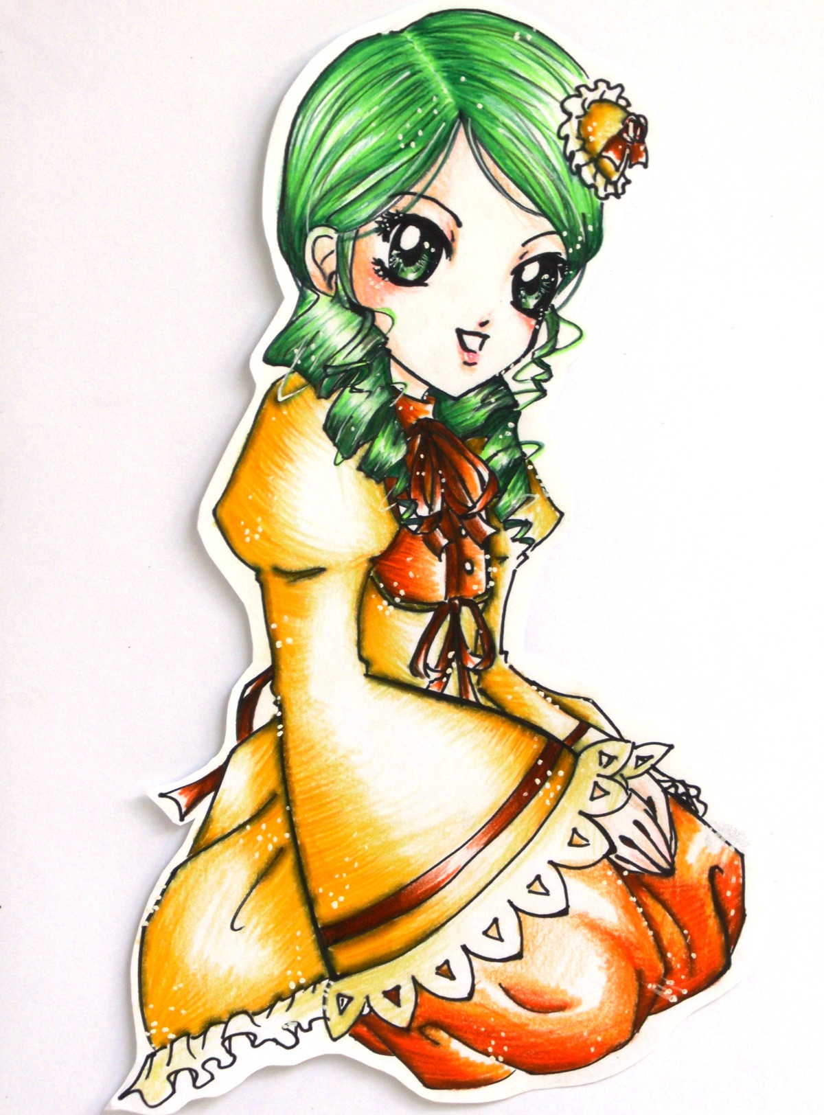 1girl bow dress drill_hair full_body green_eyes green_hair hair_ornament image kanaria long_sleeves looking_at_viewer orange_dress smile solo twin_drills