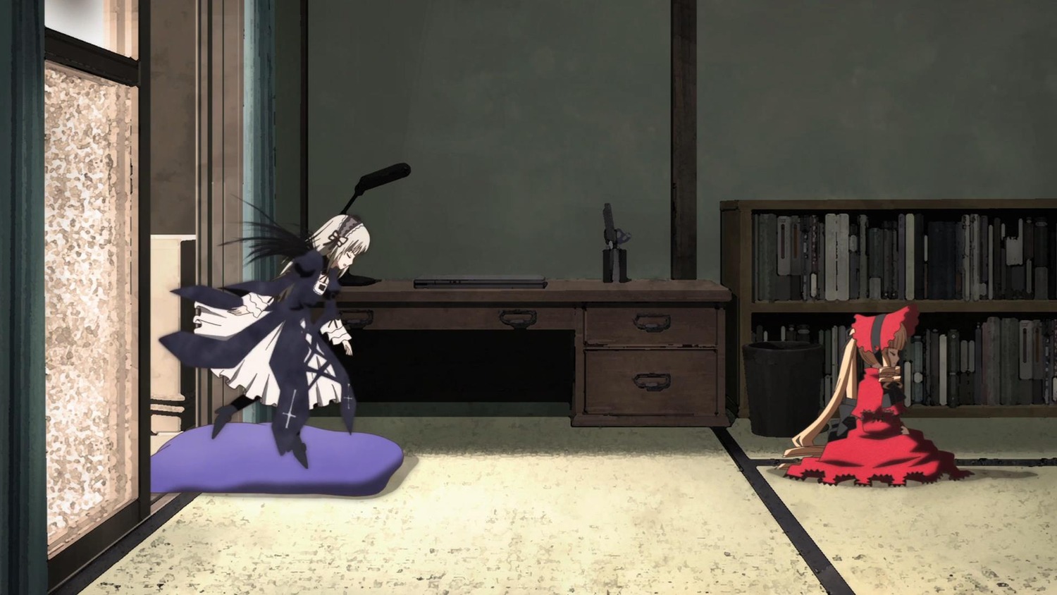 2girls barefoot dress gun image indoors long_hair multiple_girls pair shinku silver_hair suigintou weapon