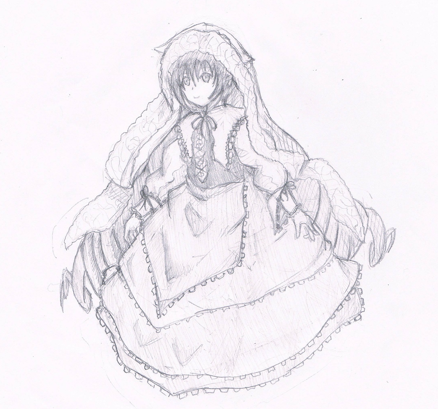 1girl auto_tagged capelet dress frills full_body greyscale image long_hair long_sleeves looking_at_viewer monochrome ribbon solo suiseiseki traditional_media very_long_hair
