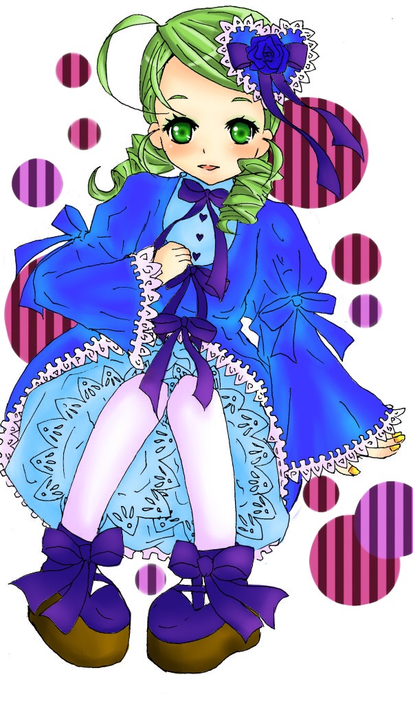 1girl ahoge auto_tagged bloomers blue_rose blush bow dress drill_hair flower frills full_body green_eyes green_hair hair_flower hair_ornament hina_ichigo image kanaria long_sleeves ribbon rose solo striped twin_drills