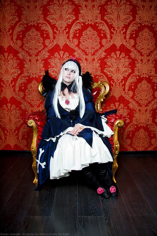 1girl dress flower long_hair rose sitting solo suigintou white_hair