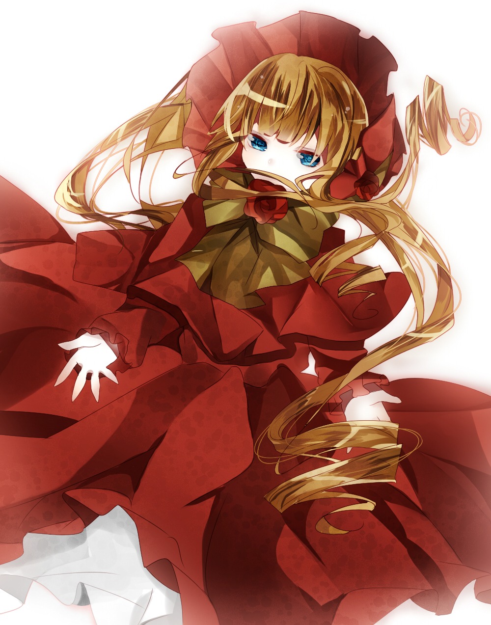 1girl blonde_hair blue_eyes bonnet bow bowtie curly_hair dress drill_hair flower hat highres image long_hair long_sleeves pink_bow red_dress red_flower red_rose rose rozen_maiden shinku solo tsukioka_tsukiho twintails