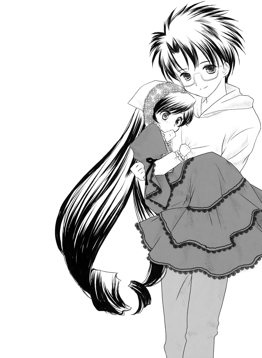 1boy 1girl cloak dress food glasses greyscale hood image long_hair long_sleeves monochrome smile solo suiseiseki very_long_hair